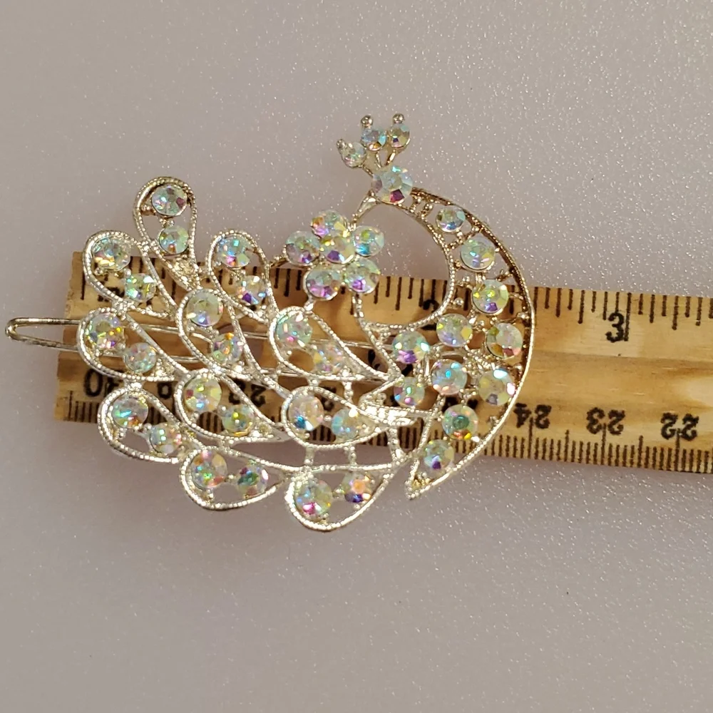 Peacock hair barrette gold tone Aurora Borealis rhinestones prom bridesmaid